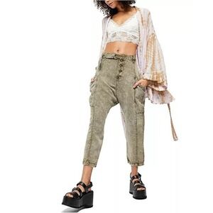 Free People Women's Acid Wash Olive‎ Green High Waist Belted Harem pant d1